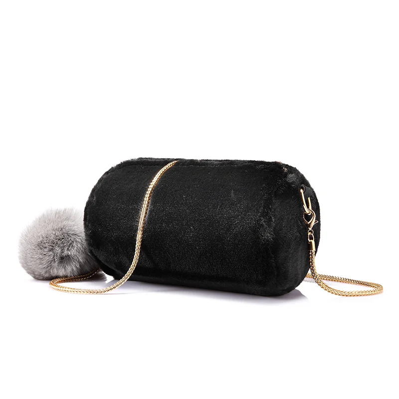 Женская сумка через плечо из меха кролика Lovevook, мягкая сумка на плечо со съемным мехом лисы мяч и змея ремешок-цепочка, дамский цилиндрический клатч на молнии для зимы - Цвет: Черный