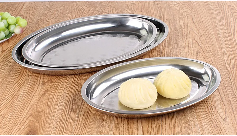 Высококачественная немагнитная тарелка из нержавеющей стали, овальная тарелка для углубления, обычная мелкая тарелка на пару вермишели 21-45 см, блюдо для рыбы