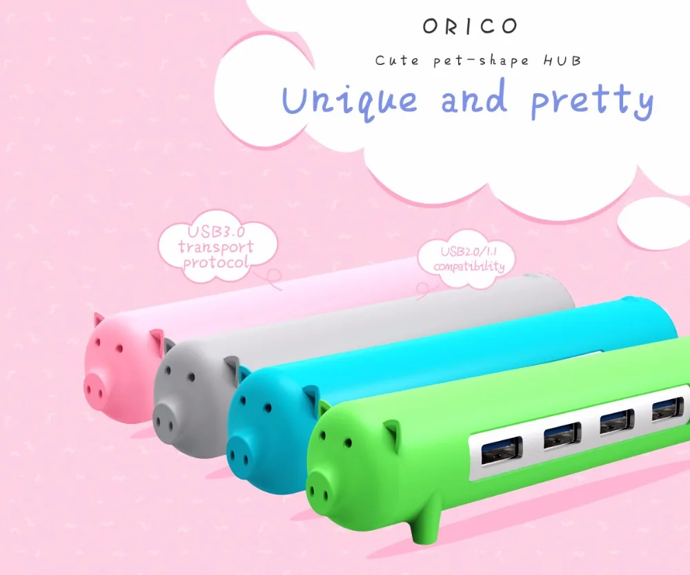 ORICO, 4 порта, USB 3,0, милый, в форме животного, концентратор, 5 Гбит/с, с функцией OTG, 100, кабель с датой, алюминиевый сплав, силикон, для Mac/Windows/Linux