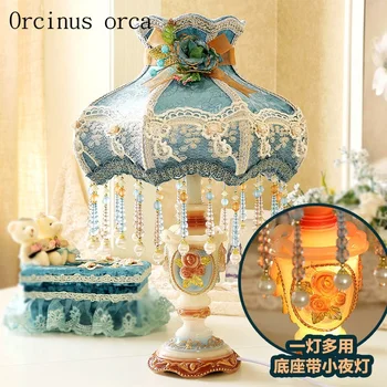

New European idyllic lace table lamp princess room girls bedroom bedside lamp Korean blue table lamp free shipping