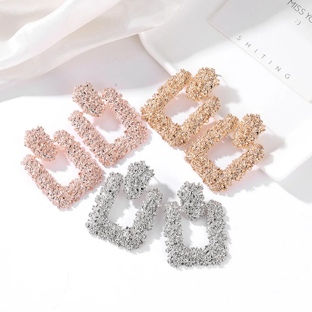 

2019 new Women's earrings Elegant Charm Boho Statement Big Geometric rectangle Drop Dangle Earrings gold sliver 3.8