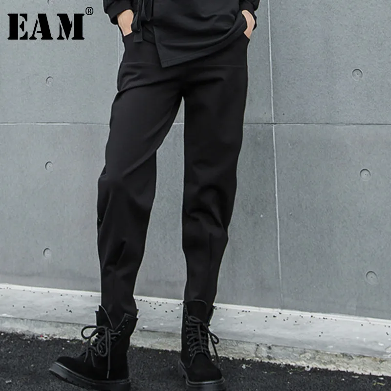 

[EAM] 2019 Autumn Winter Woman Stylish New Solid Black Color Long Loose High Waist Straight Pockets Harem Pants All Match LG006