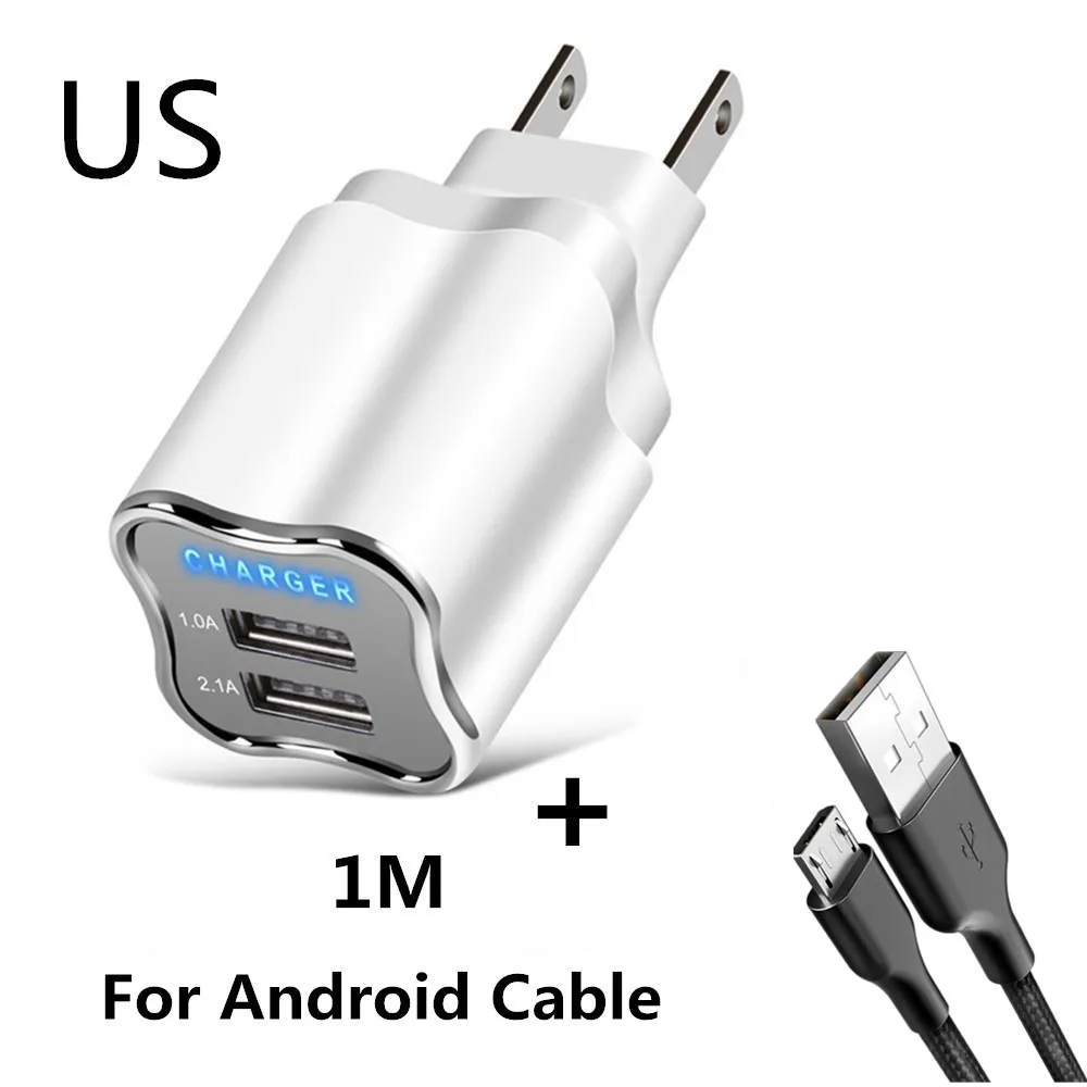 Настоящий 5 в 2.1A светодиодный USB зарядное устройство EU/USA 2 штекер хорошая зарядка для путешествий настенное зарядное устройство для мобильного телефона s для iphone ipad samsung Xiaomi huawei - Тип штекера: US  Micro Cable