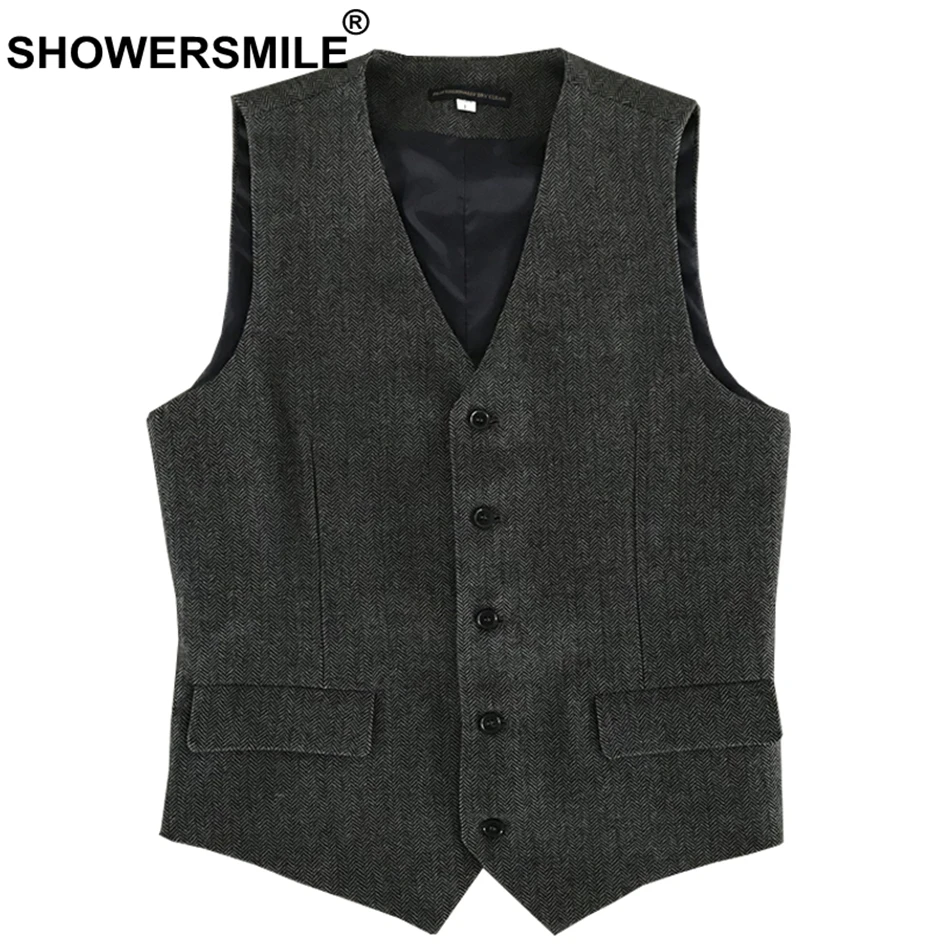 

SHOWERSMILE Grey Vest For Men Herringbone Suit Vest Wool Slim Fit Waistcoat Male Gilet Sleeveless Jacket Autumn Winter Vest