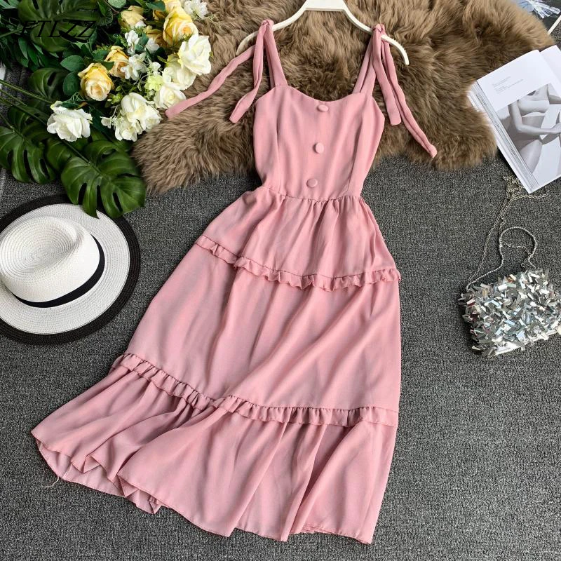 

FTLZZ Summer Women Dress V-neck Sweet Strap Party Dresses Sleeveless Lace Up Bow Pleated High Waist Dress Vestido