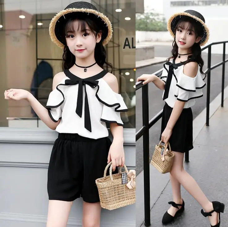Children's Clothing Set Summer Girl Chiffon Sleeveless Top+ Bow Shorts Suit Clothes for Kids Girls 5 6 8 10 11 12 14 Years Old