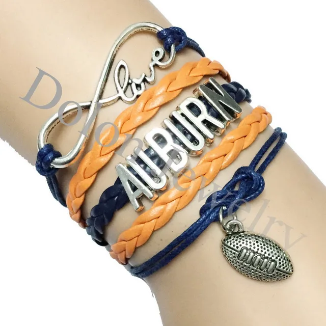 10pcs Dark Blue With Orange Leather Rope Infinity Love Auburn 10pcs Dark Blue With Orange Leather Rope Infinity Love Auburn University School Football Team Bracelet