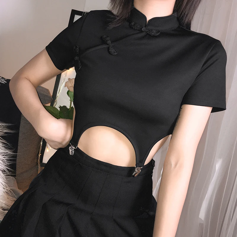Черная однотонная винтажная женская футболка с коротким рукавом, лето, китайский стиль, чонсам, воротник с вырезами, тонкая сексуальная футболка