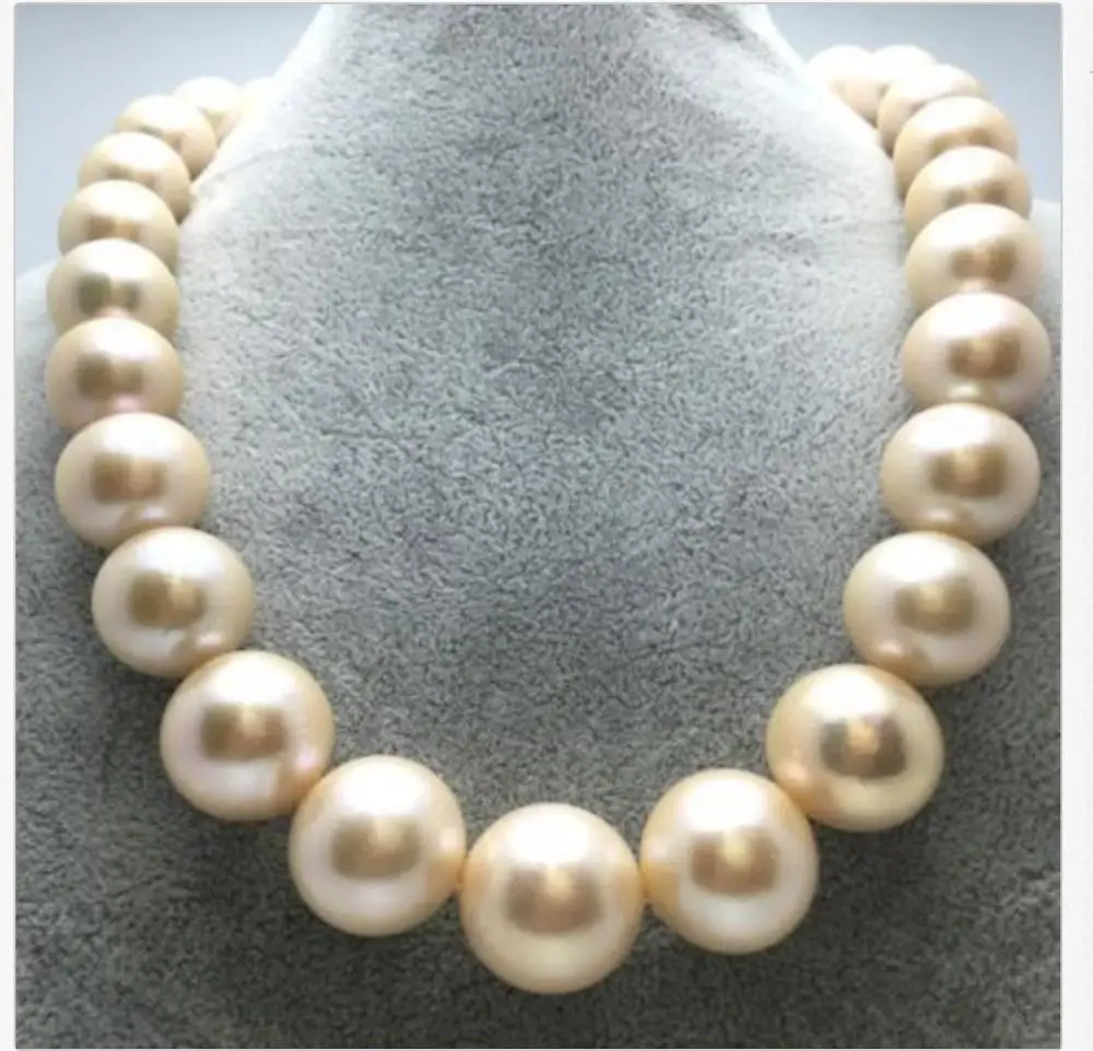 

huge light round south sea14-15mm gold pink pearl necklace 18inch 925s KKK