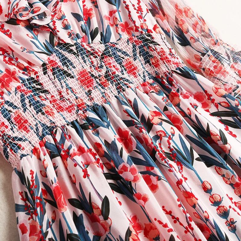 Shuchan 100% Natural Silk Summer Dress Indie Folk Print Ruffles Three Quarter Sleeve New Arrival Dress 2019 V-neck clothing10515
