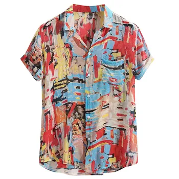 

Mens Breathable Colorful Printing Loose Turn Down Collar Short Sleeve Shirt Casual Beach Top Summer Vacation Clothes #GM