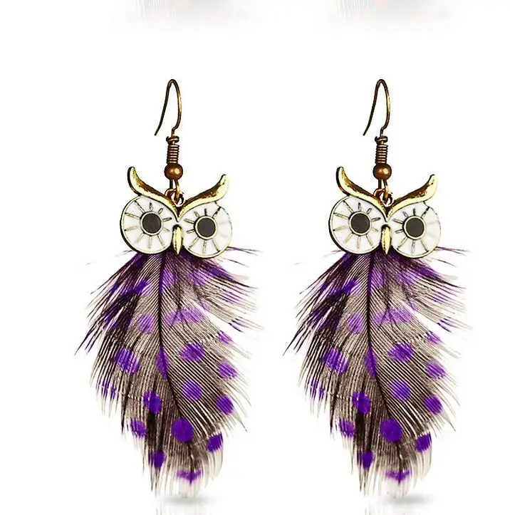 

2017 New Arrival Big Eyes Cute Owl Feather Bohemia Style Dangle Earrings Ethnic Retro Owl Drop for Women