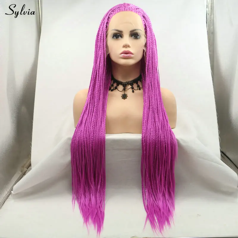 Sylvia яркий цвет синий/розовый красный/желтый кружевной передний парик для Peluca Косплей Высокая температура Синтетический плетеный ящик косы парики - Цвет: Розовый