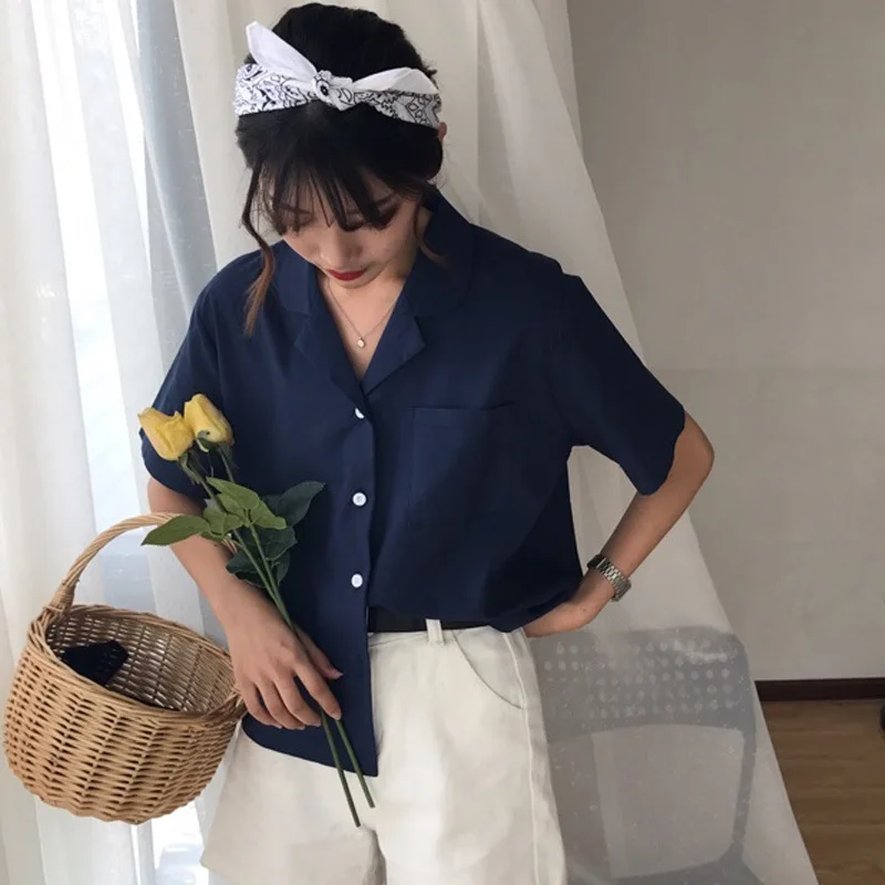 2019 النساء قميص عارضة Blusas الرجعية الصيف قصيرة الأكمام قميص فضفاض سترة