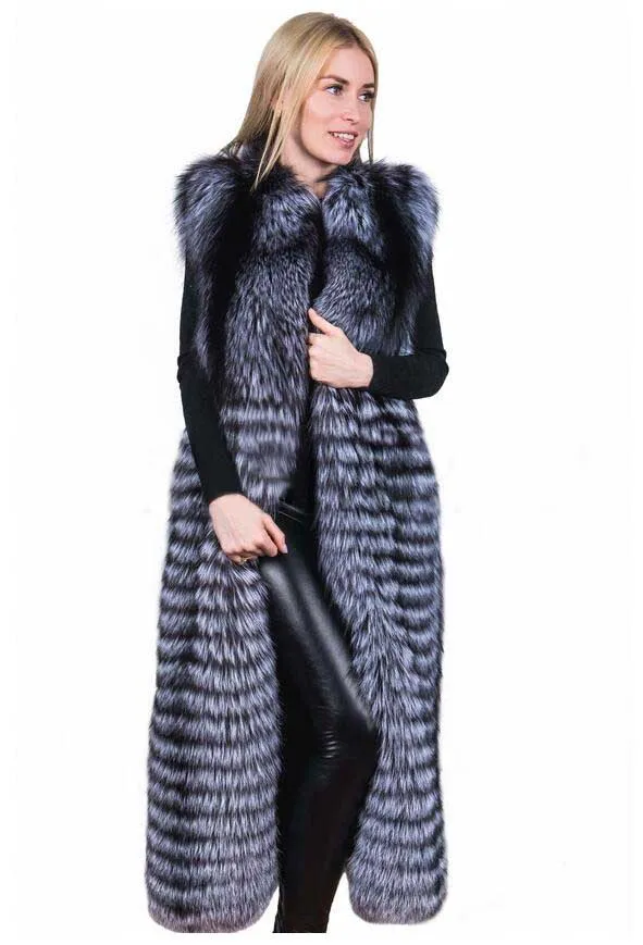Новинка, натуральный мех лисы Жилет, натуральный цельный Лисий мех, жилет для женщин, длина 120 см, супер модный дизайн, куртки S-8XL - Цвет: Silver  Color