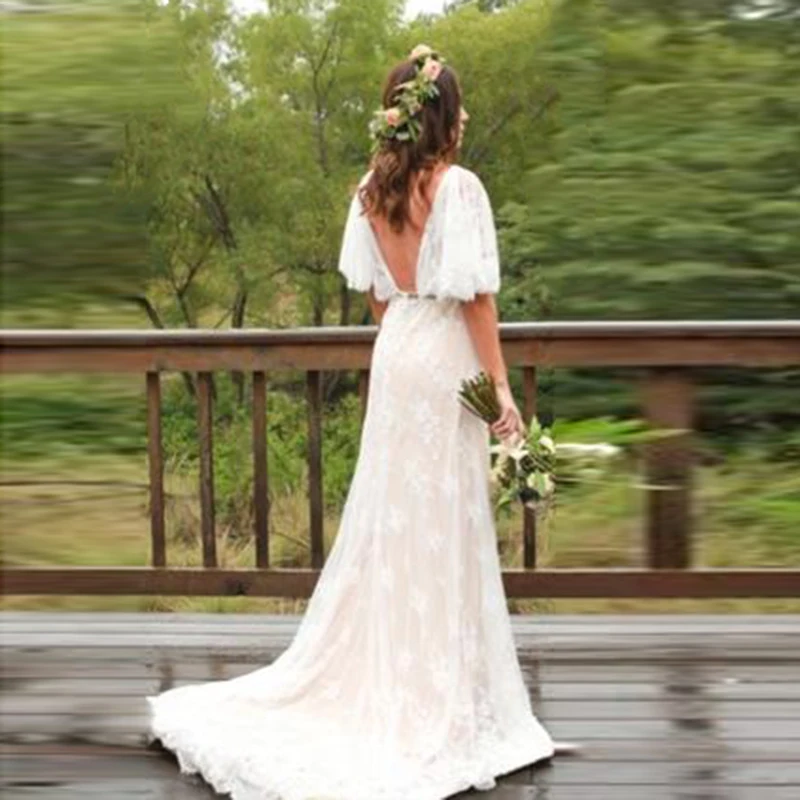 LORIE Boho Trouwjurk Plus Size V-hals Kapmouwtjes Kant Bruid Dress Custom Made Jurk Gratis Verzending robe de mariee LORIE Boho Trouwjurk Plus Size V-hals Kapmouwtjes Kant Bruid Dress Custom Made Jurk Gratis Verzending robe de mariee