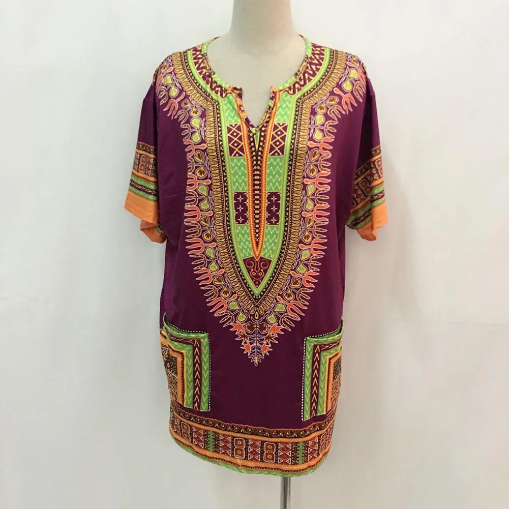 Opslea африканские женские платья с коротким рукавом с принтом Дашики летние свободные топы с карманами африканская традиционная этническая