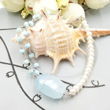 

Lii Ji Unique Aquamarine Larimar,Freshwater Pearl 925 Sterling Silver Clasp Shining Unique Bracelet Nice Gift for Women