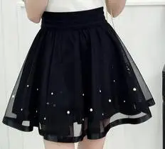 Пышная Женская мини-юбка-пачка, кружевная газовая юбка трапециевидной формы, высокая талия, летняя юбка, черная плиссированная юбка, четыре размера - Цвет: Black With Beads