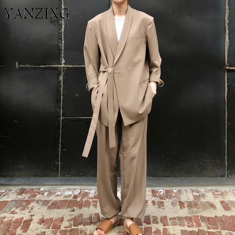 

Summer Korea Style Full Sleeve Turn-down Collar With Sashes Coat With Full Length Reawsting Pants Women Suit Z342