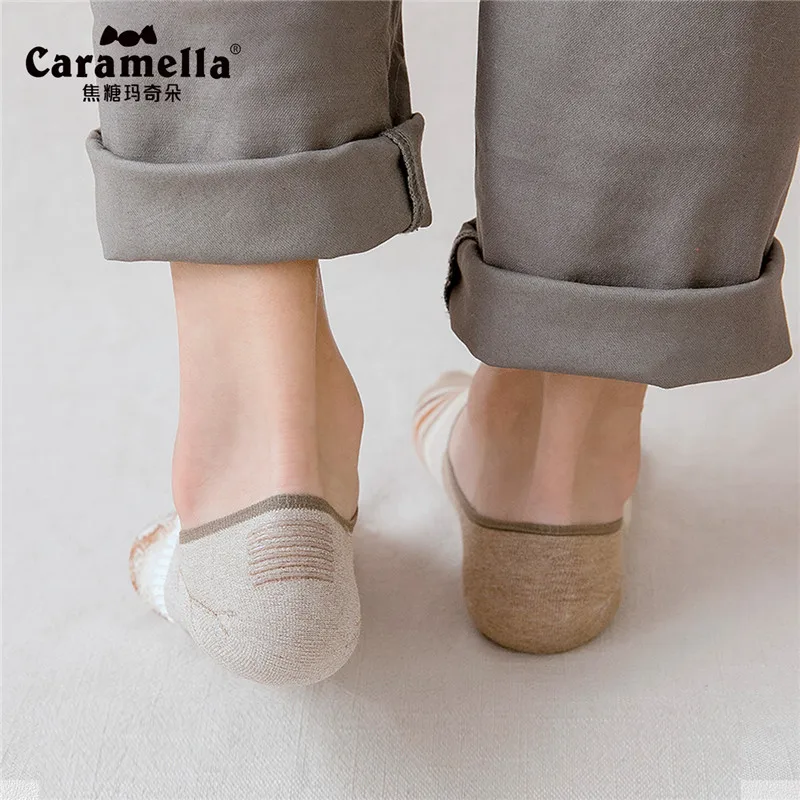 

Caramella Men's Invisible No Show Low Cut Thin Socks Cotton Khaki Stripe Pattern 4 Pairs