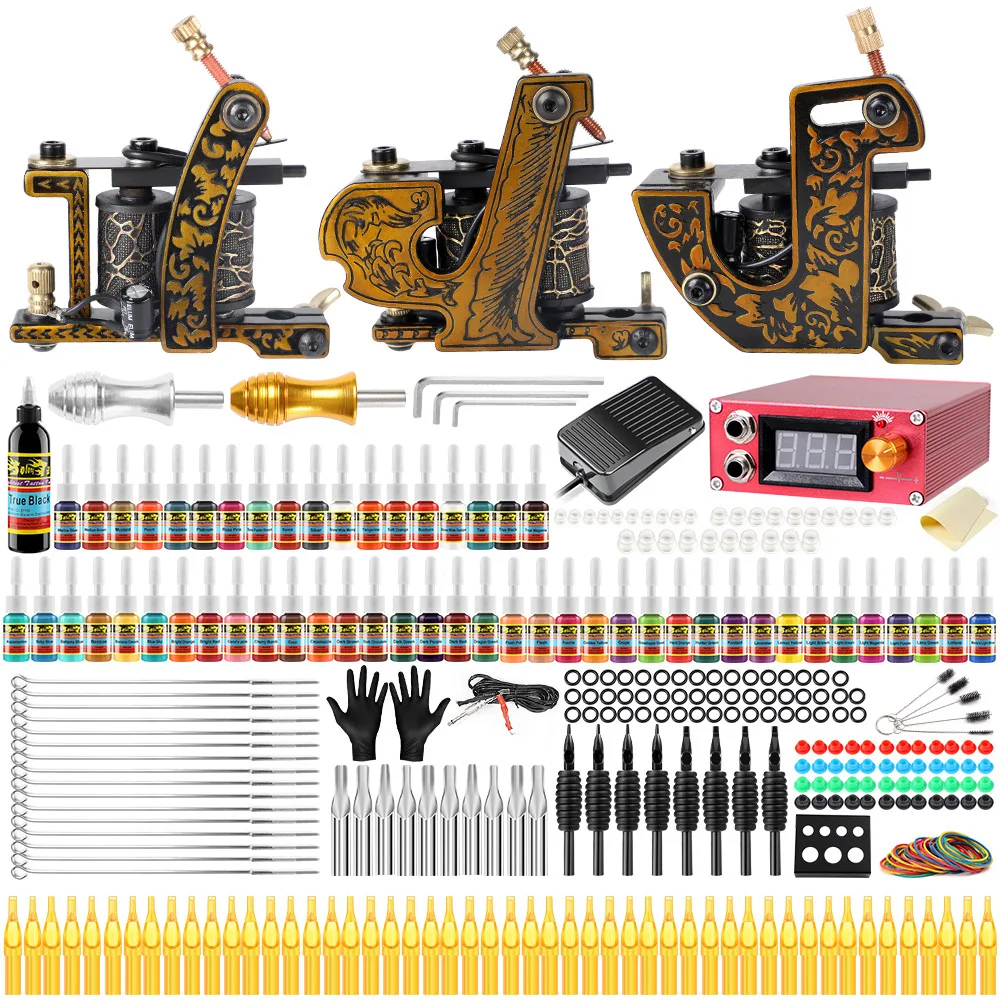 Полный профессиональный набор татуировки 3 машины лайнер шейдер machine28 цветные чернила блок питания, Иглы захвата наконечник