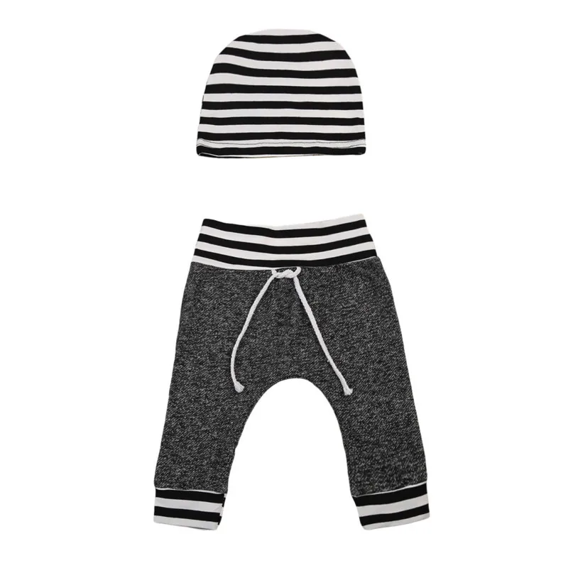 

2PCS Hot Infant Toddler Newborn Baby Girl Boy Outfits Belt Long Trousers Pant Striped Hat Casual