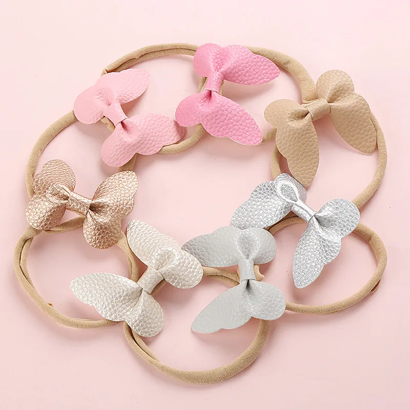 Dejorchicoco Child Girls Butterfly Bow Nylon Headbands For Handmade Pu Leather Kids Head Bands Hair Accessories | Детская одежда и
