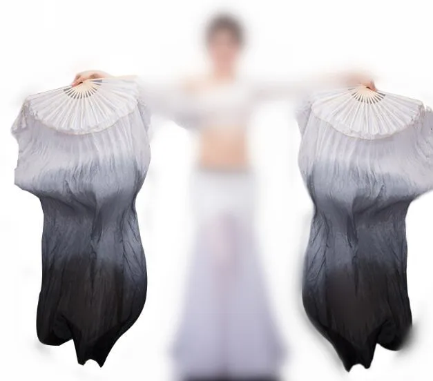 

1.8m White Black Gradient Belly Dancing Imitation Silk Bamboo Long Folding Fans Veils For Dancer Performance Show