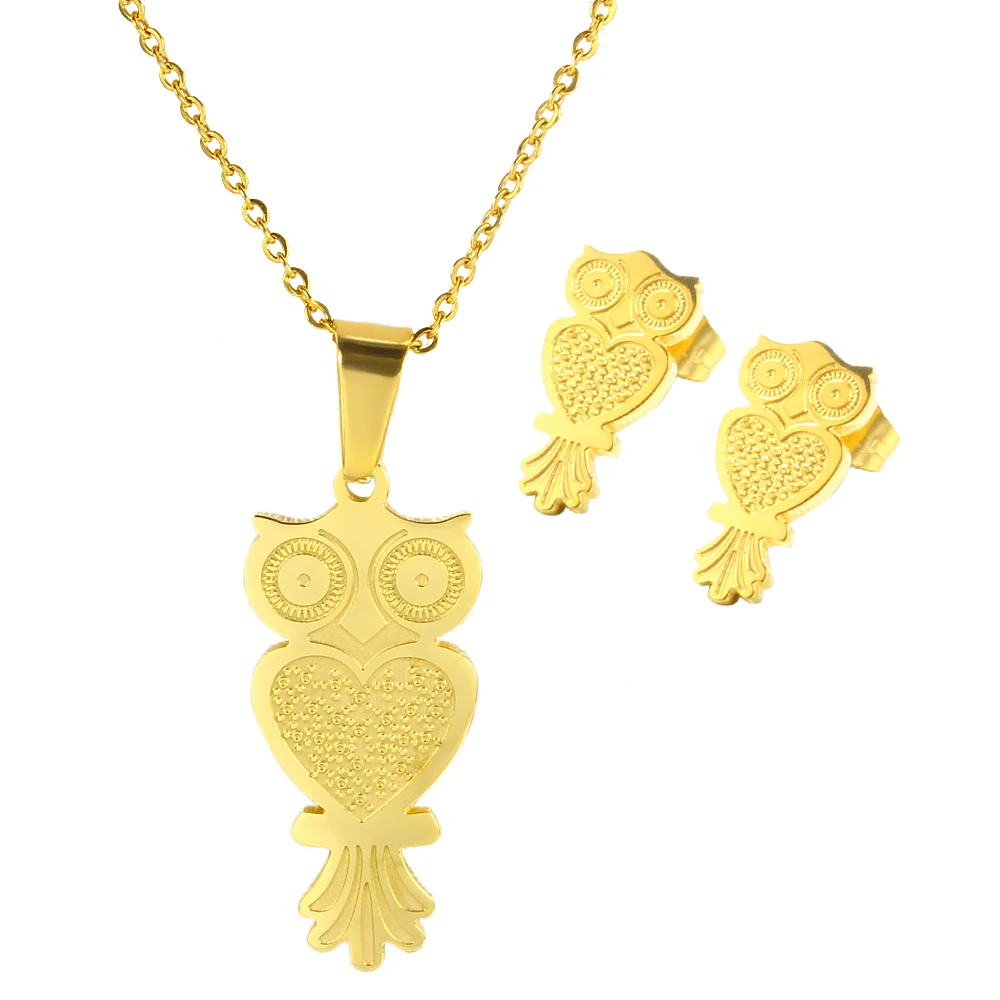 

New Arrival Night Owl Crystal Jewelry Stainless Steel Sets Newest Jewelry Sets Owl Necklace + Earrings Crystal