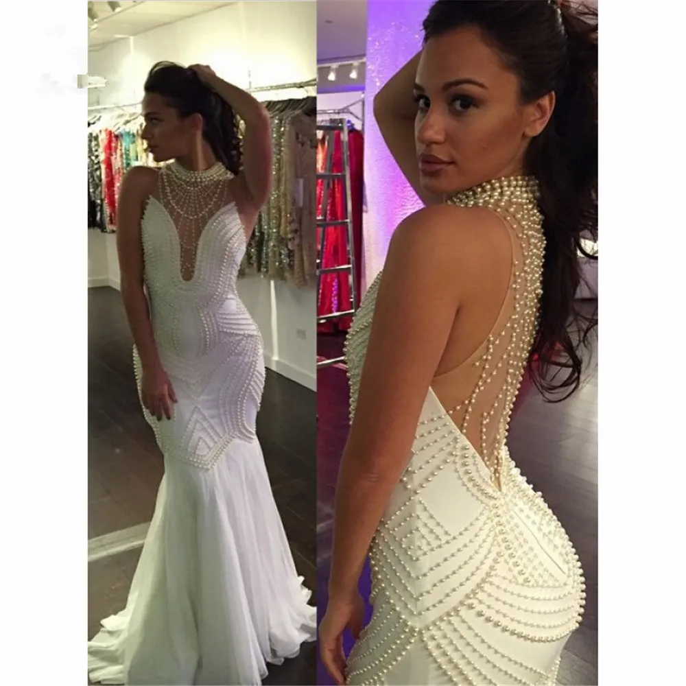 

Luxuries Pearls Prom Dresses Long Illusion Back vestido de festa Sweep Train Prom Gown Formal Evening Party Dress
