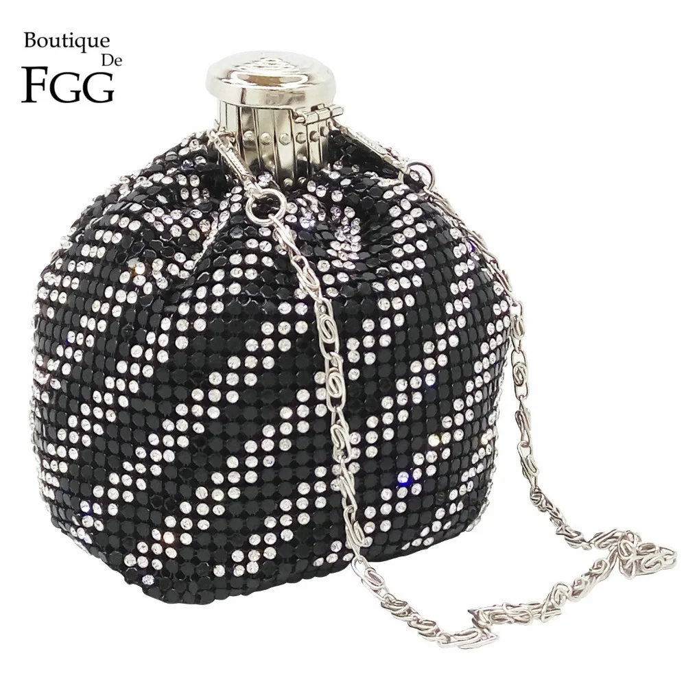 

Boutique De FGG Black and Silver Striped Women Crystal Mini Aluminum Coin Purse Evening Clutch Bags Metal Clutches Chain Handbag