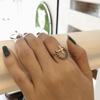 

LouLeur 925 sterling silver vintage chain Cross rings silver creative element design wild female open rings 925 silver jewelry