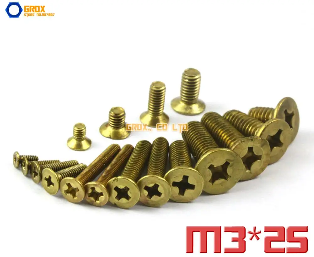 100 Pieces M3 x 25mm Brass Phillips Countersunk Head Machine Screw