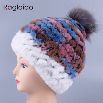 

Ragladio Girls Winter Hat Genuine Real Rex Rabbit Fur Knit hat with fox fur ball Warm Male Women Pompom Beanie Cap LQ11253