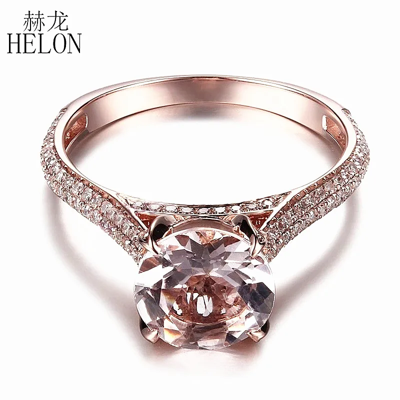 HELON 8mm Round Cut Morganite Diamonds Ring Solid 14K Rose Gold Diamonds Gemstone Engagement Wedding Ring Pave & Prong Setting