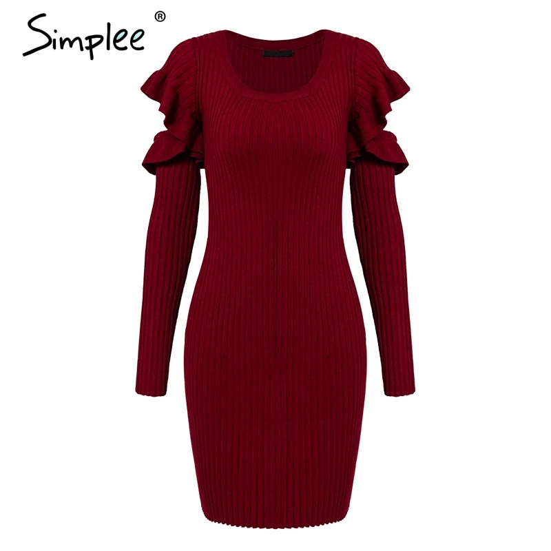Женское зимнее трикотажное платье-свитер Simplee, пикантное облегающее элегантное платье с оборками, с открытыми плечами и длинными рукавами, цвет красного вина, белый, черный, серый - Цвет: Бургундия