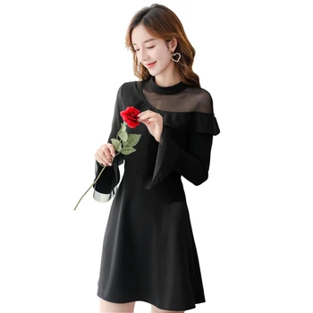 

Ruffles Mesh Knitted Patchwork Casual Petal Sleeve Mini Dress 2019 Fashion O-neck Long Sleeve Elegant Vintage Sweet Vestidos