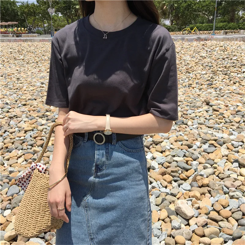 15 Solid Color Women Basic T-shirt Casual O-neck Tee Shirt Harajuku Summer Top Korean Hipster White T Shirt S-XL Dropship TS53 (13)