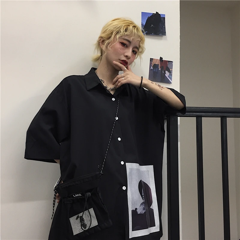 

Lychee Harajuku Loose Summer Women Tops Casual Face Print Women Blouse Turn Down Collar Short Sleeve Lady Blouse Shirts