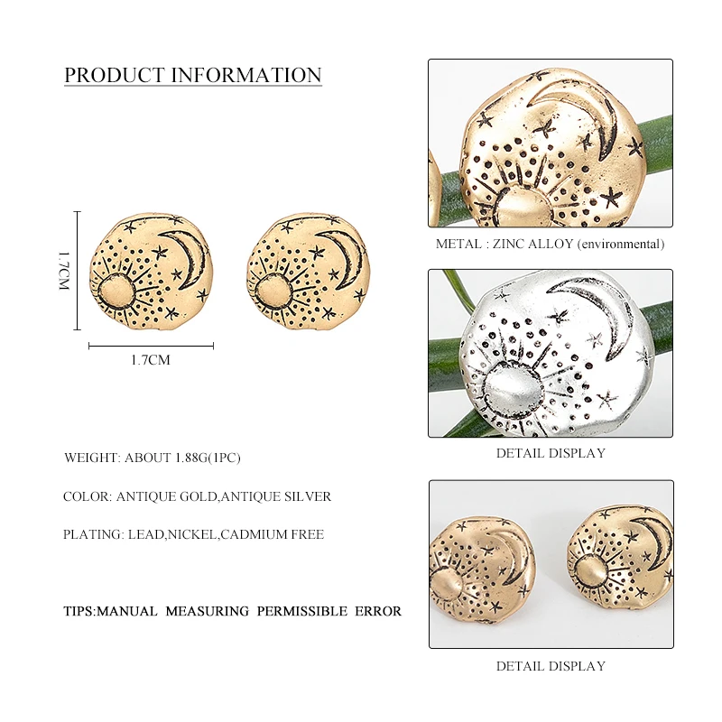 Zinc Alloy Round Stud Earrings Women Texture Sun Moon Star Minimalist Studs Earring Drop Earing Gold