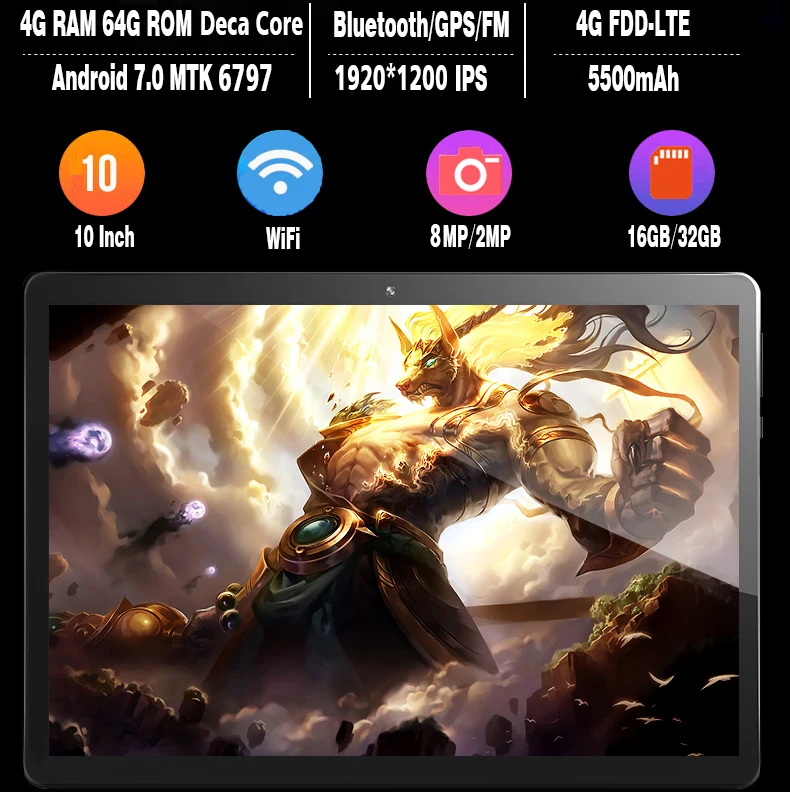

New Version 10 inch Android 7.0 Tablets PC 4GB RAM 64GB ROM Deca Core 3G/4G Phone Call Dual SIM Cards 8MP 1920*1200 IPS HD+Gifts