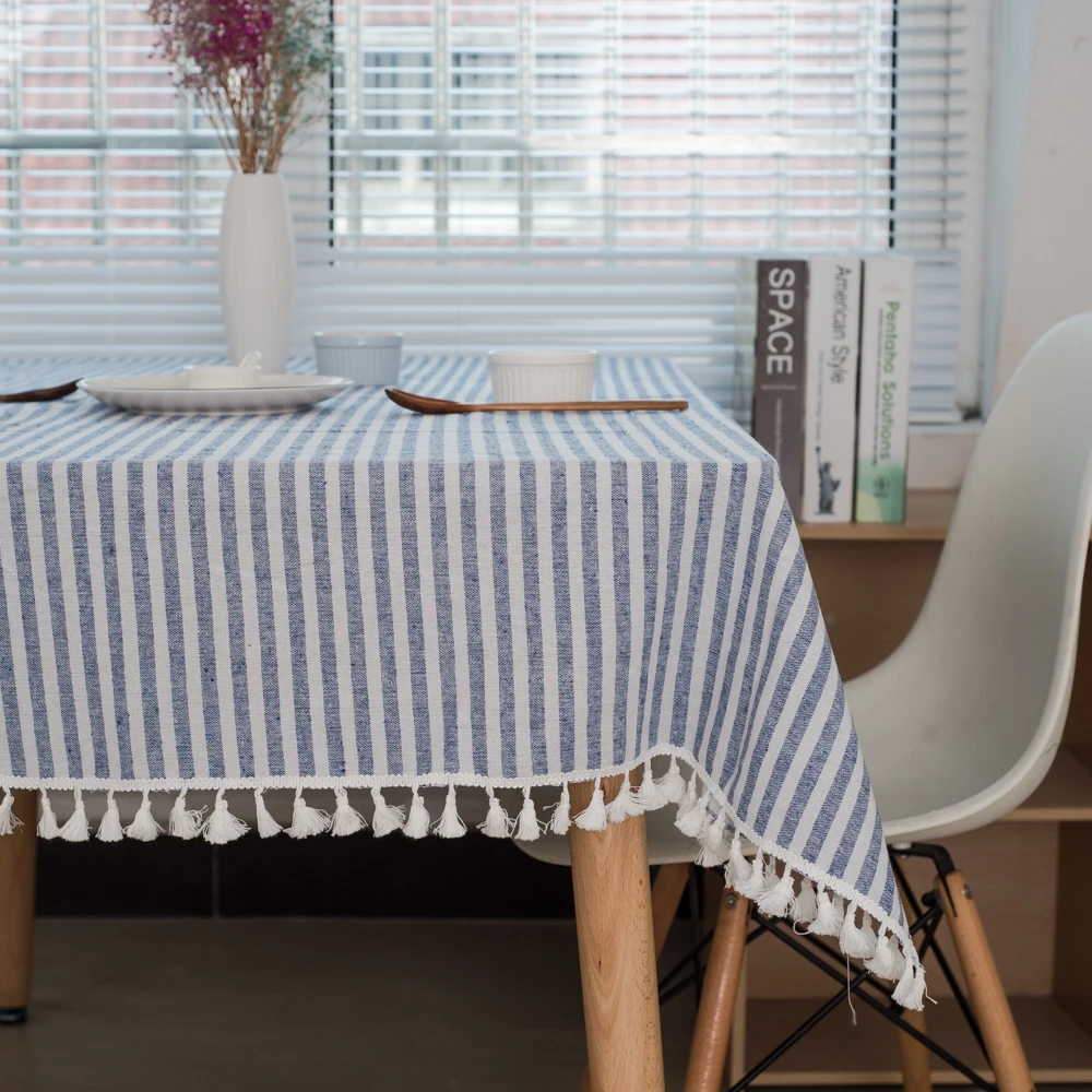 Table Cloth Rectangular Or Square Linen Cotton Tassel Tablecloth Blue