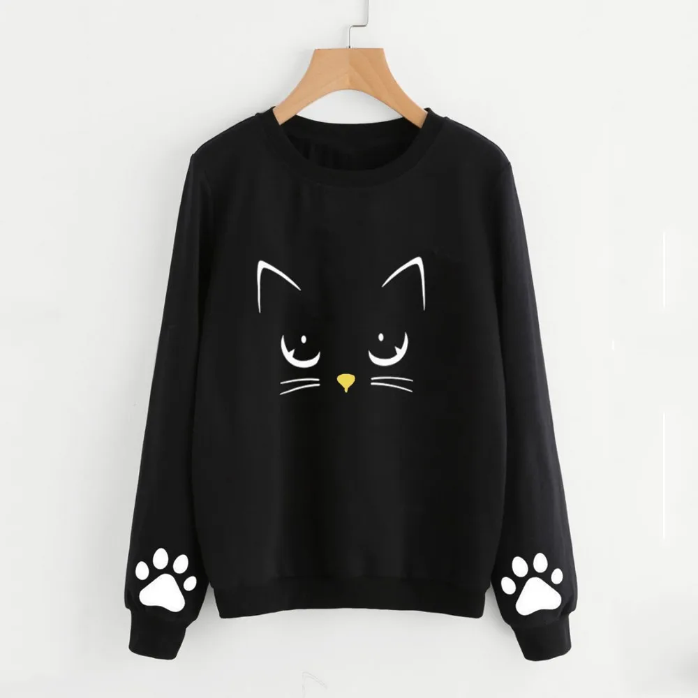 Autumn Winter Women Hoodies Cat Print O Neck Ladies Sweatshirt Casual Long Sleeve Regular Blouse Tops Loose Pullover