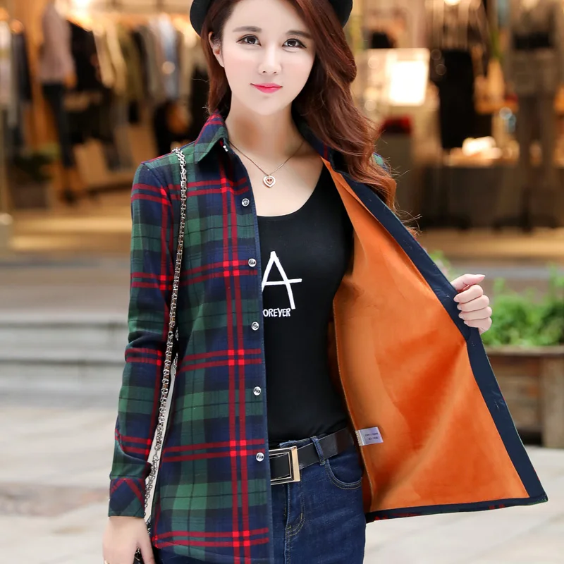 

Thick velvet Blusas winter cotton long-sleeved women's plaid shirt flannel blouses feminina chemise femme camisas femenina tops