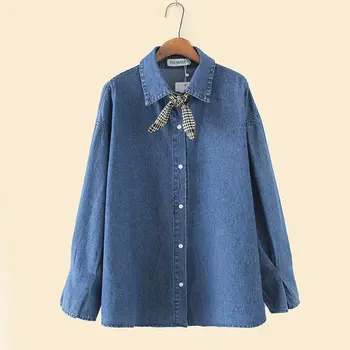 

2019 New Spring Summer Women Long Solid Cotton Shirt Oversize Big Plus Size Denim Full Sleeve Ladies Long Sleeve Blue Shirts