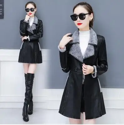 Женская кожаная куртка, модные сохраняющие тепло куртки для женщин, Зимние Куртки из искусственной кожи с добавлением шерсти, женские кожаные куртки с мехом, пальто в Корейском стиле K4138 - Цвет: Gray