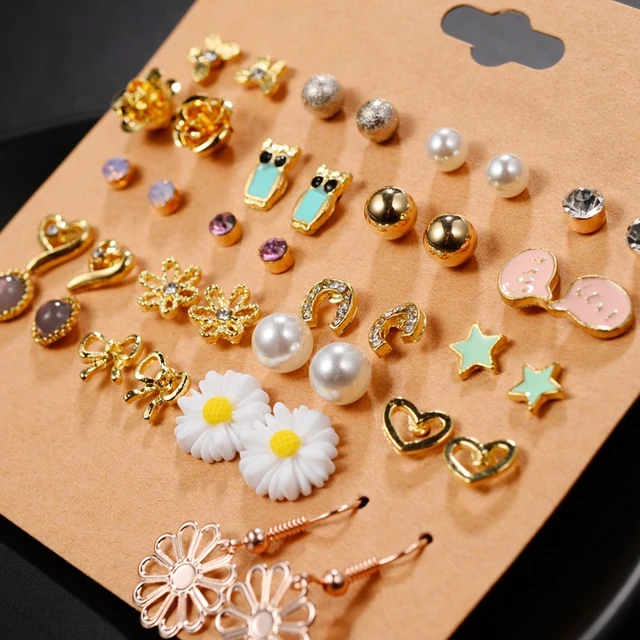 20 Pairs Pearl Floral Geometric Stud Earrings Cool Stud Earrings For