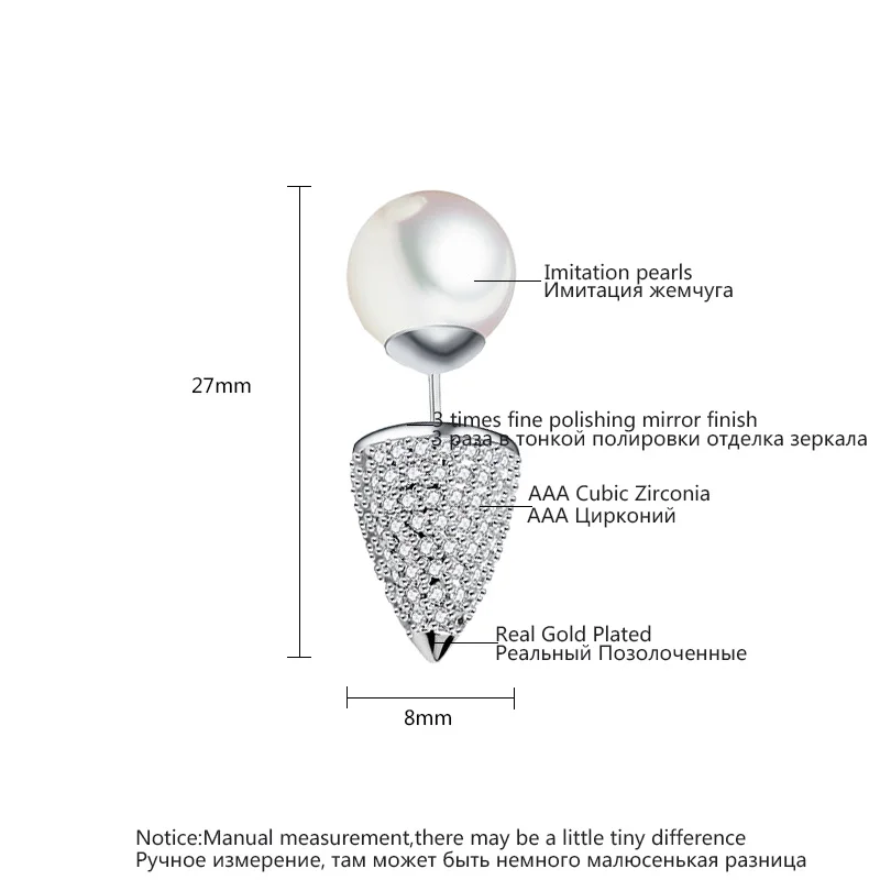 Luoteemi Новая мода двойной сбоку имитация жемчуга конические Форма микро CZ Серьги-гвоздики коктейль ювелирные изделия brincos для Для женщин