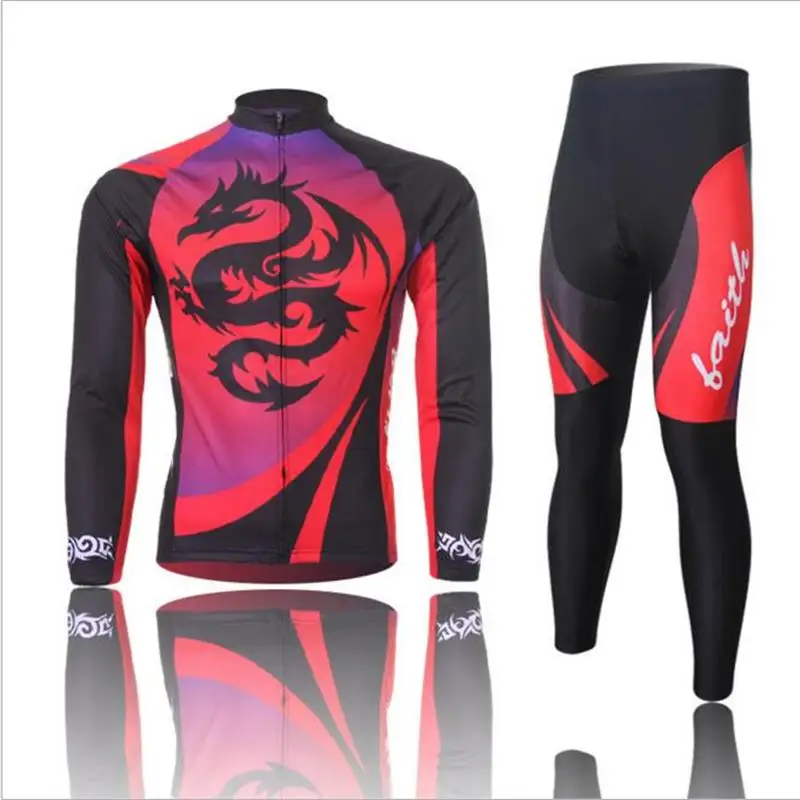 Chinese Cycling Jerseys Red Long Sleeve Dragon Print Bicycle Wear Men